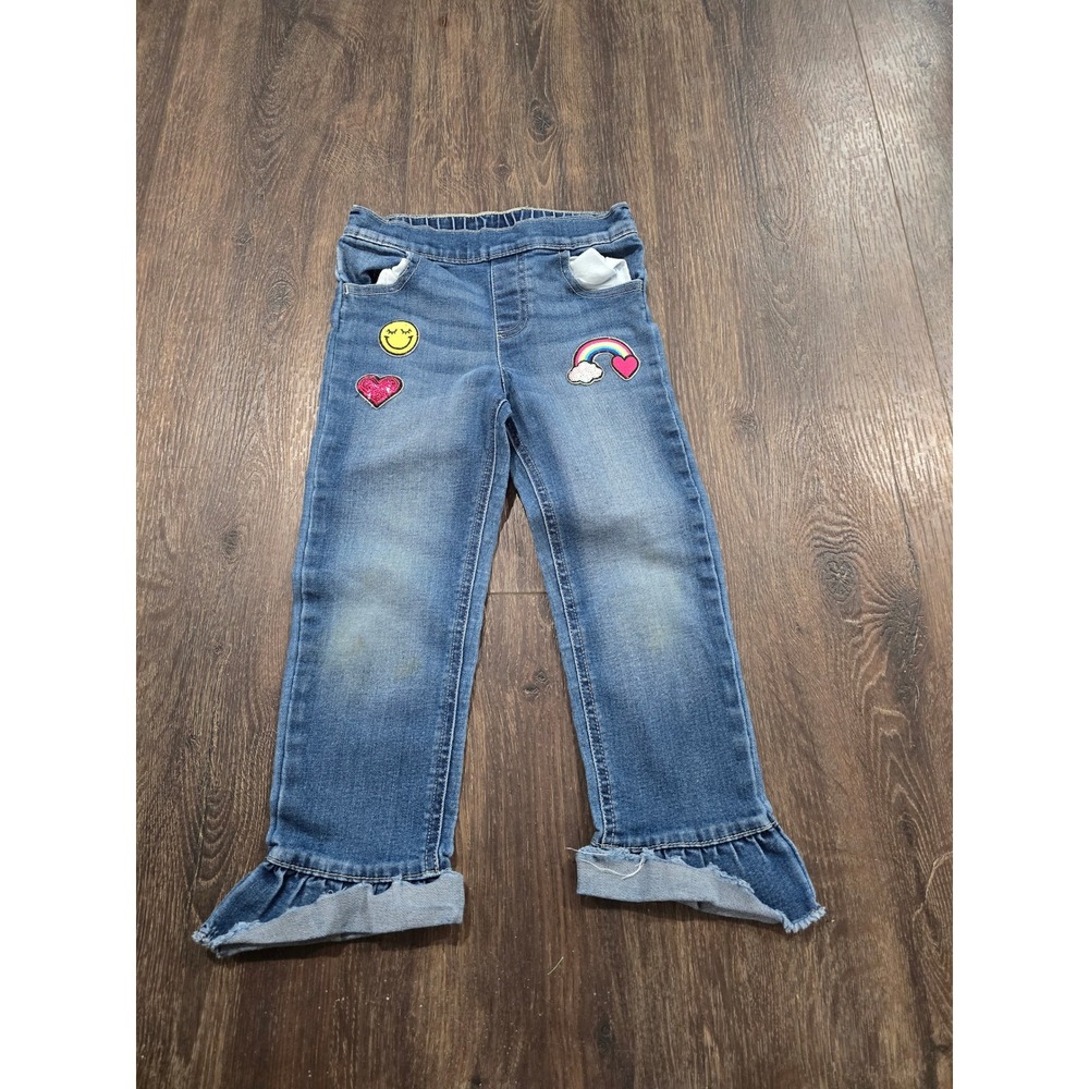 365 Kids Garanimals Girls Blue Jeans Size 5 Patches Ruffle Hem Dark Wash Denim